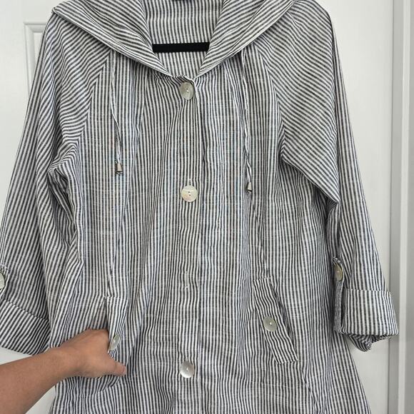 JNY Linen Blend Hooded Tunic Jacket Sz L Black White Striped Coastal Oversized - Picture 3 of 9